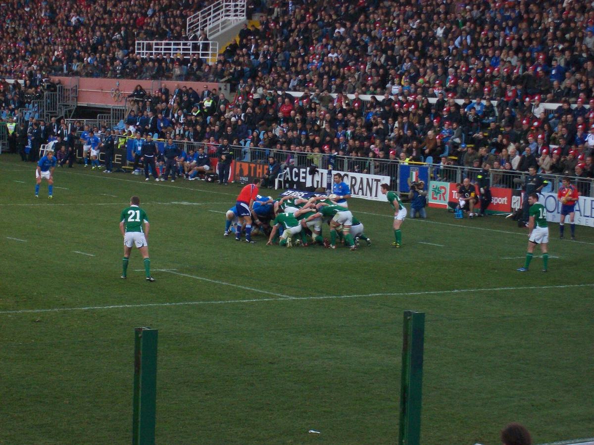 Forwards pack down for a scrum during a Six Nations rugby match