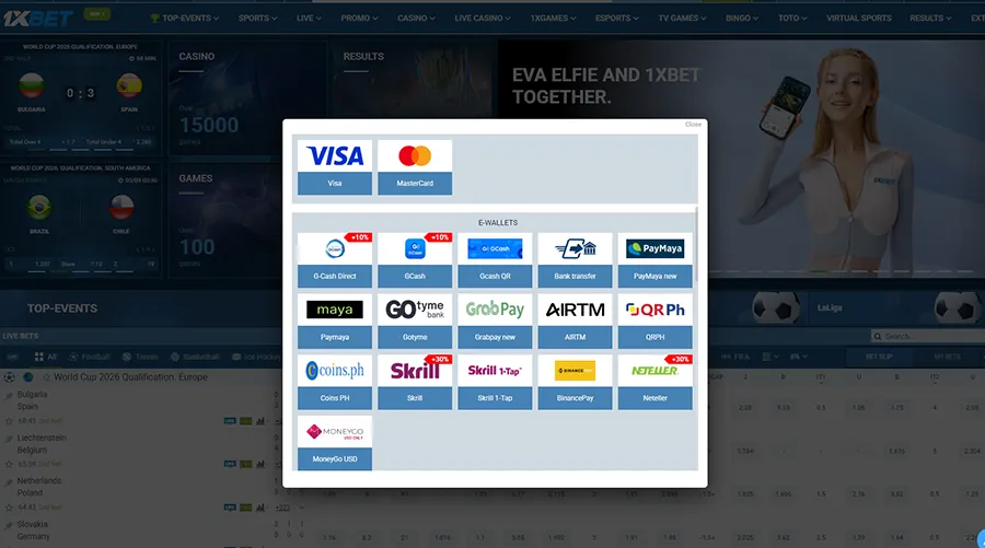 1xBet – ₱100 minimum and wide payment options