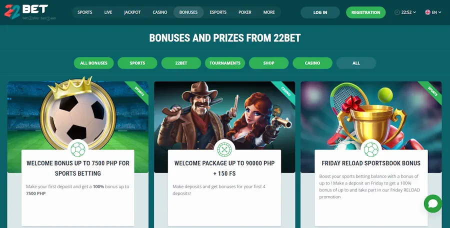 22Bet – Up to ₱18,000 + Free Spins