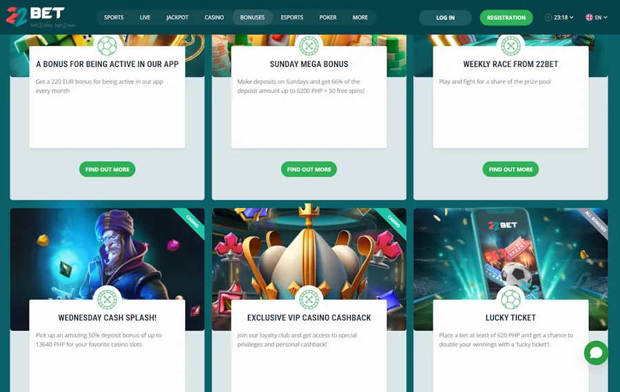 22Bet – 20% cashback on lost bets + sports coverage