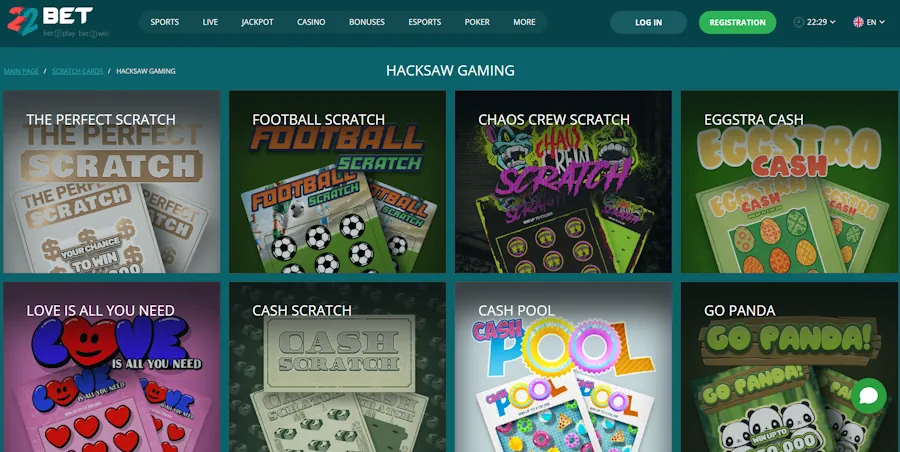 22bet: Highest RTP scratch games at 97.5%