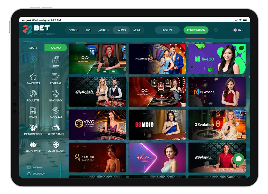 22Bet – Best for poker and live games