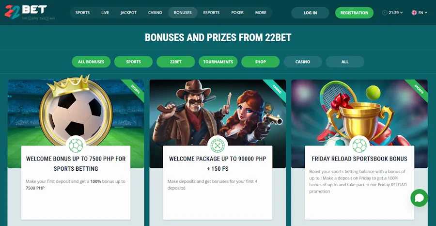 22bet – 100% up to ₱10,000 + 50 Free Spins
