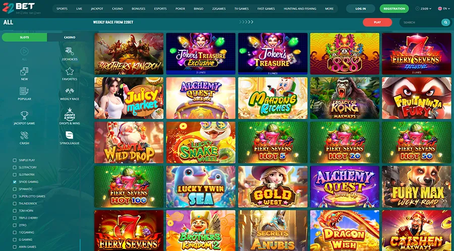 22Bet Casino Spade Gaming provider slots