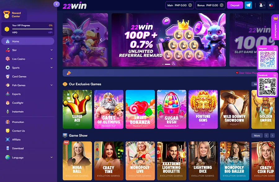 22Win Casino main page