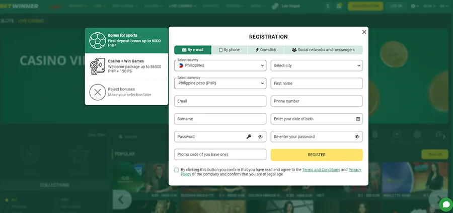Betwinner Registration procedure