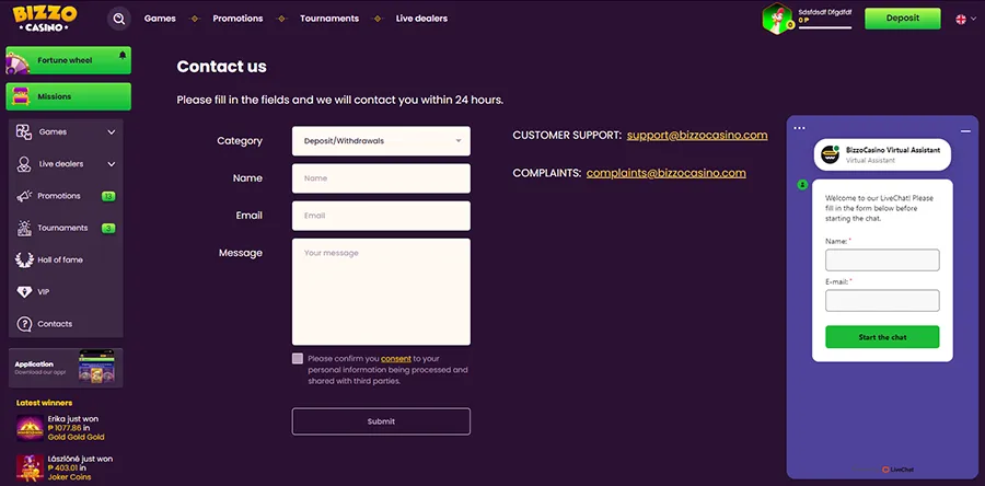 Bizzo Casino Customer Support