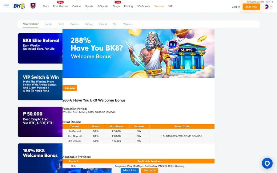 BK8 – 288% up to ₱28,800 + 180 Free Spins