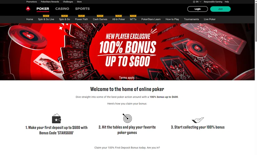 PokerStars – 100% up to $600 + Freeroll Tickets