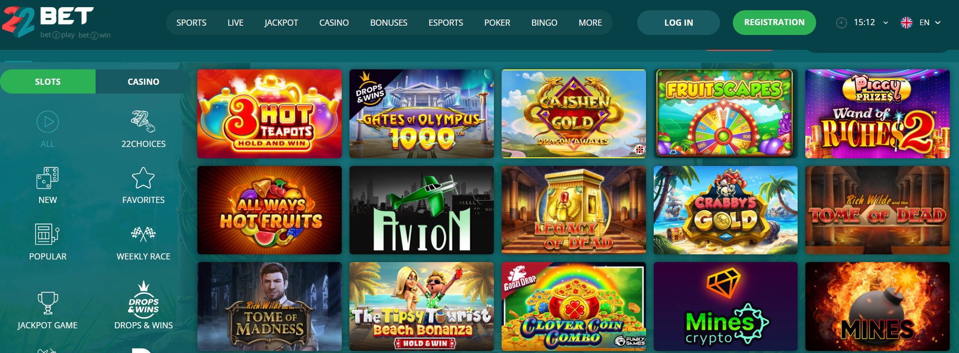 22Bet Casino Home Page