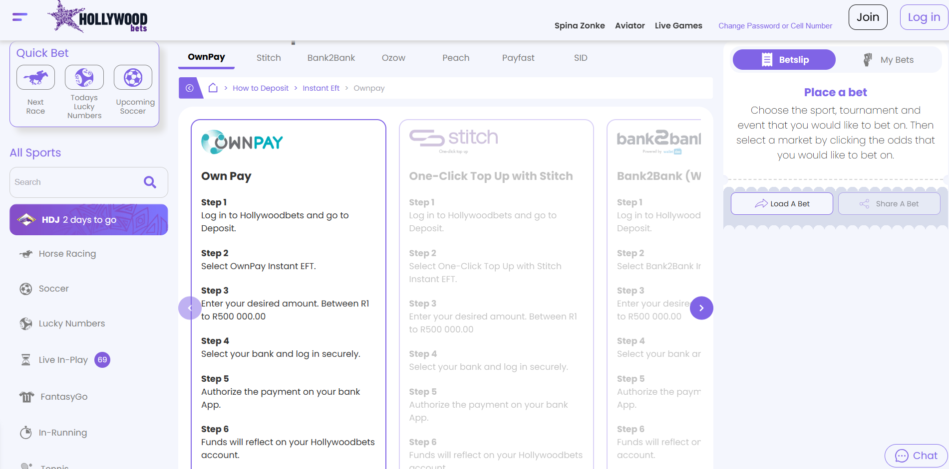 Bank Payment Method at Hollywoodbets Page