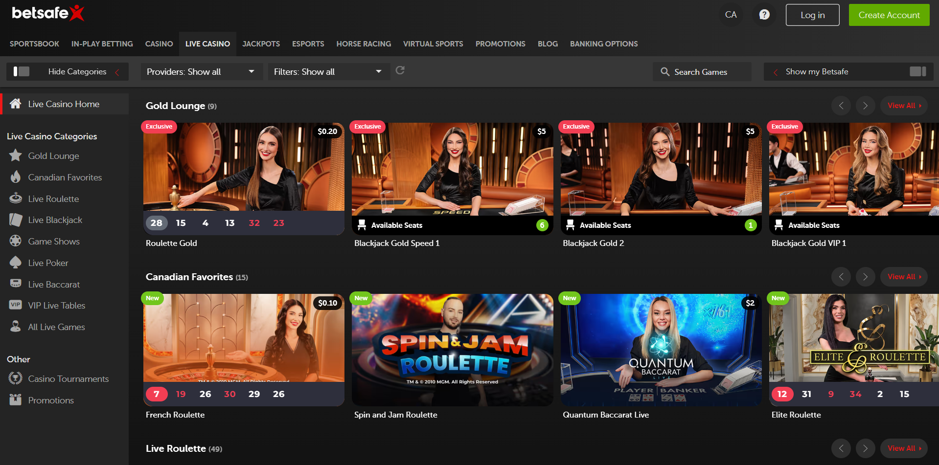 Betsafe Live Casino Page